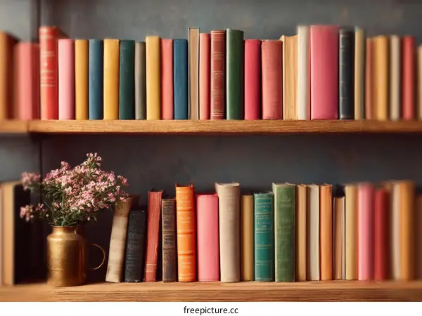 Vintage Bookshelf with Colorful Books and Flowers