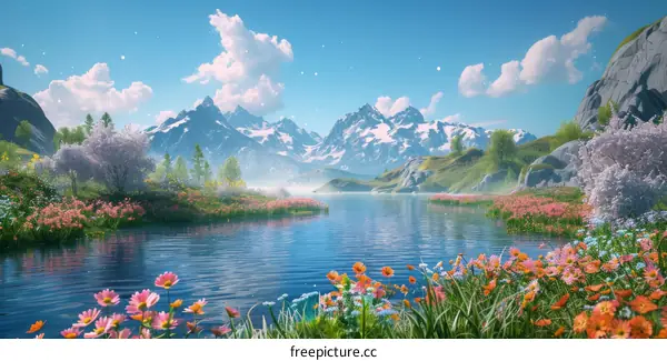 Serene Mountain Lake with Blooming Flowers