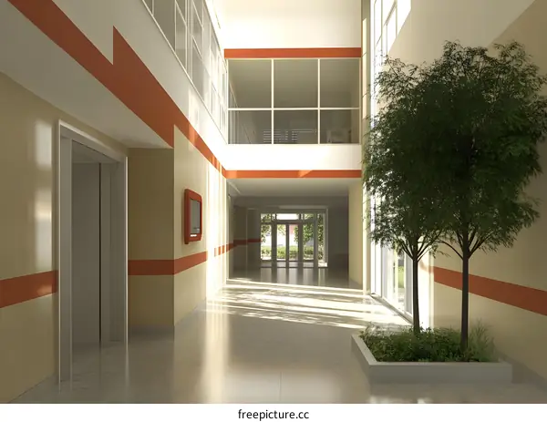 Modern Minimalist Interior Design of a Hallway with Plants and Sunlight