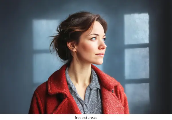 Thoughtful Woman in a Red Coat by the Window