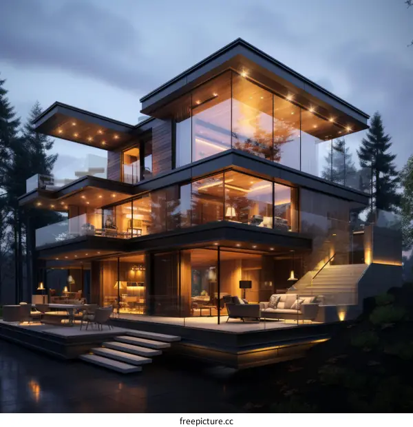 Modern House with Glass Walls and Balcony