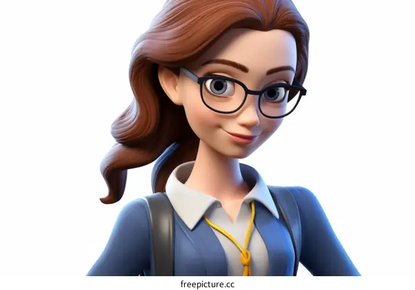 3D Illustration of a Young Woman with Blue Eyes and Glasses