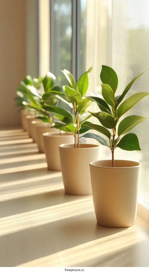 Row of Small Plants in Pots by the Window