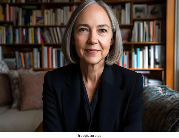 Portrait of a Senior Woman in Black Blazer Sitting in a Library