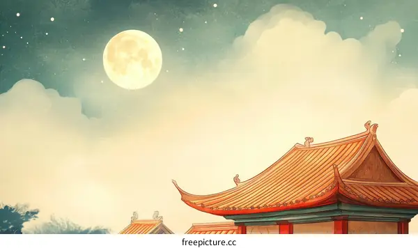 Chinese Ancient Architecture Under the Full Moon