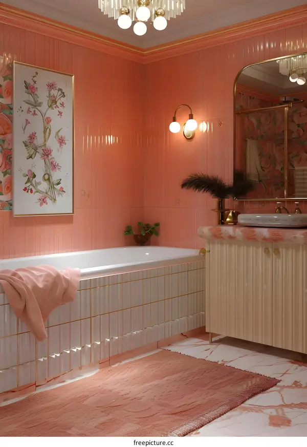 Modern Bathroom Design with Pink Tiles and Gold Accents