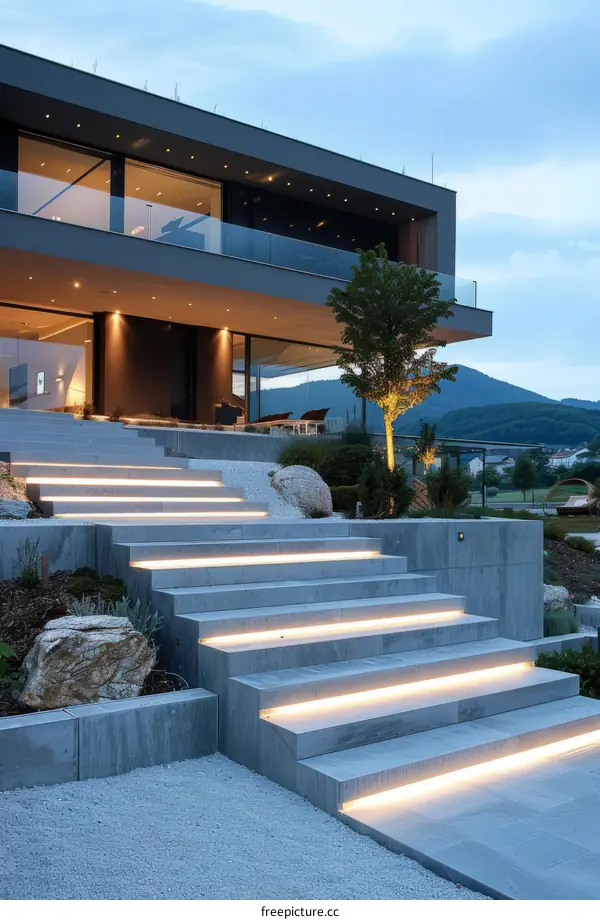 Modern house exterior with stairs and lights