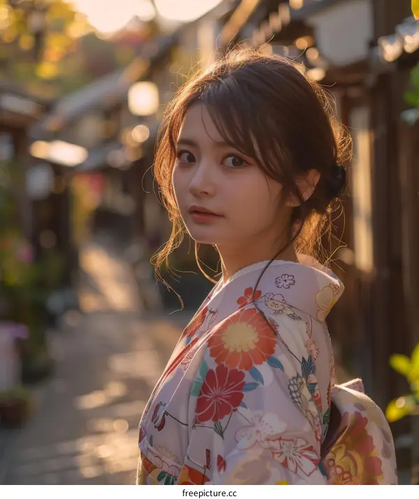 Japanese Woman Wearing Traditional Kimono in a Street