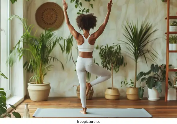 A young woman doing yoga in a room full of plants