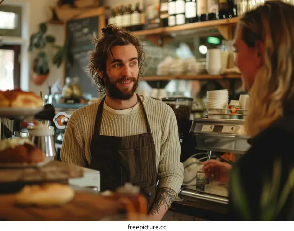 Barista making coffee and talking to customer