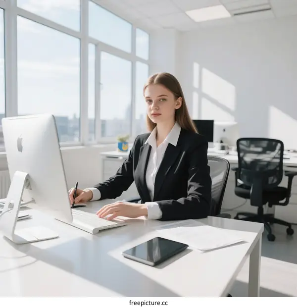 Professional woman working at a modern office desk with computer