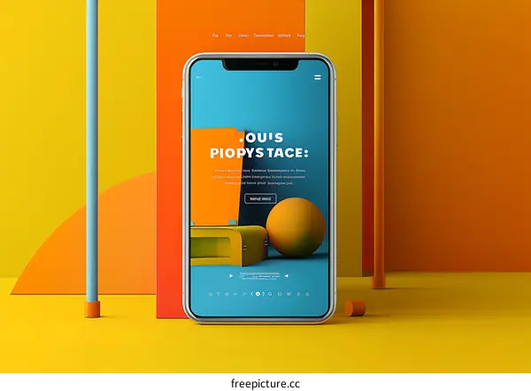 Modern Smartphone Mockup with Abstract 3D Shapes and Yellow Background