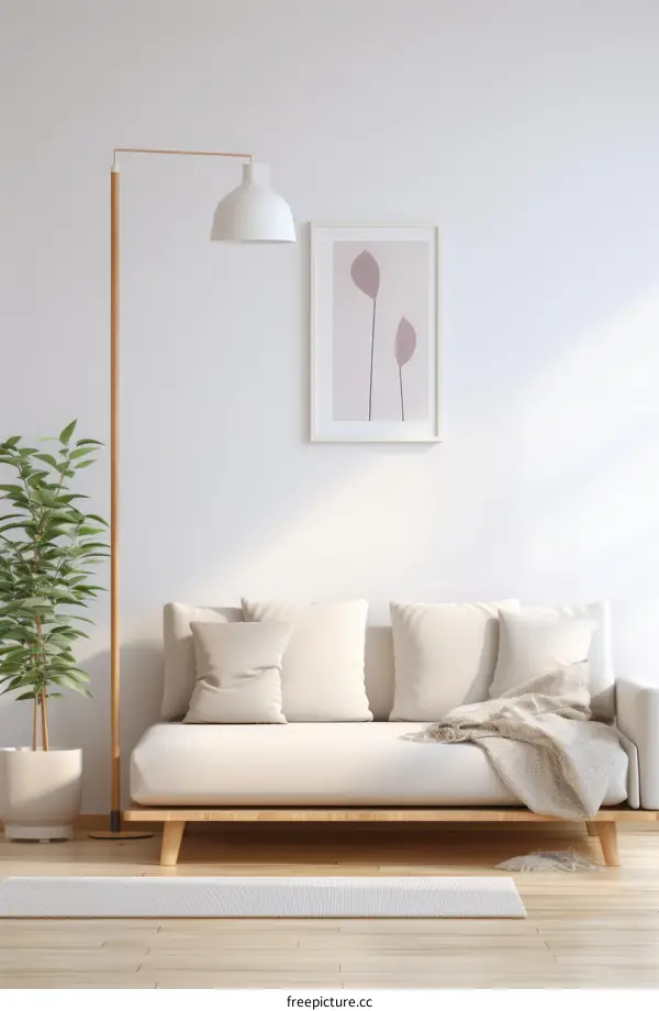 Minimalist Living Room with Sofa, Floor Lamp, Rug, and Plant