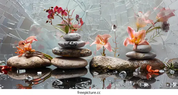 Still life with orchid, rocks and broken glass