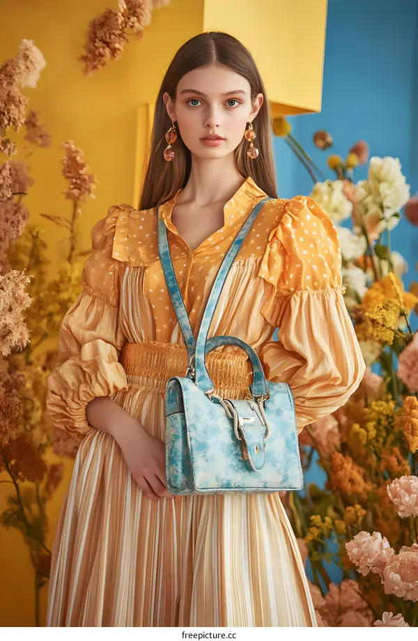 Fashionable Woman with Blue Bag and Yellow Dress