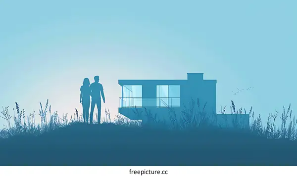 Couple Silhouette in Front of Modern House in Grass
