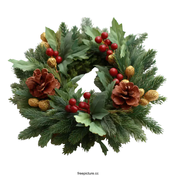 [Transparent Background PNG]Christmas Decorative Wreath with Red Berries and Pine Cones