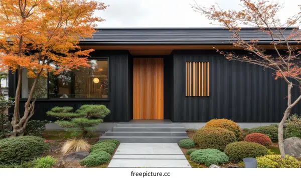 Modern Japanese House Exterior with Autumn Garden