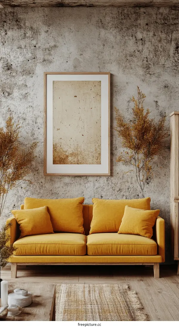 Rustic Living Room Interior Design with Mustard Yellow Sofa