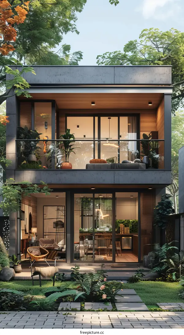 Modern House with Transparent Glass Wall in the Garden