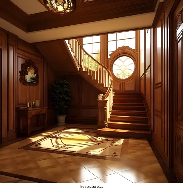 Wooden Staircase In A Luxurious Home Interior