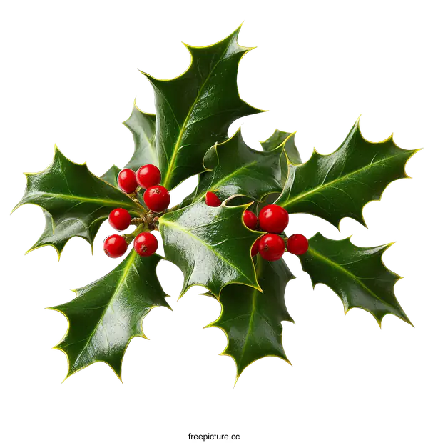 [Transparent Background PNG]Christmas Holly Branch with Red Berries Closeup