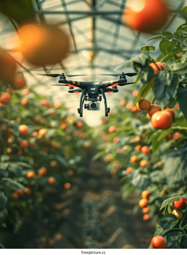 Flying drone above tomato plants in greenhouse