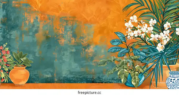 Tropical Plants on an Orange and Green Wall Background