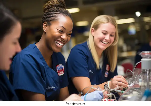 Three medical students are working in a lab