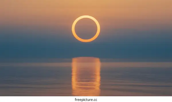 Stunning annular solar eclipse above calm sea surface at dawn