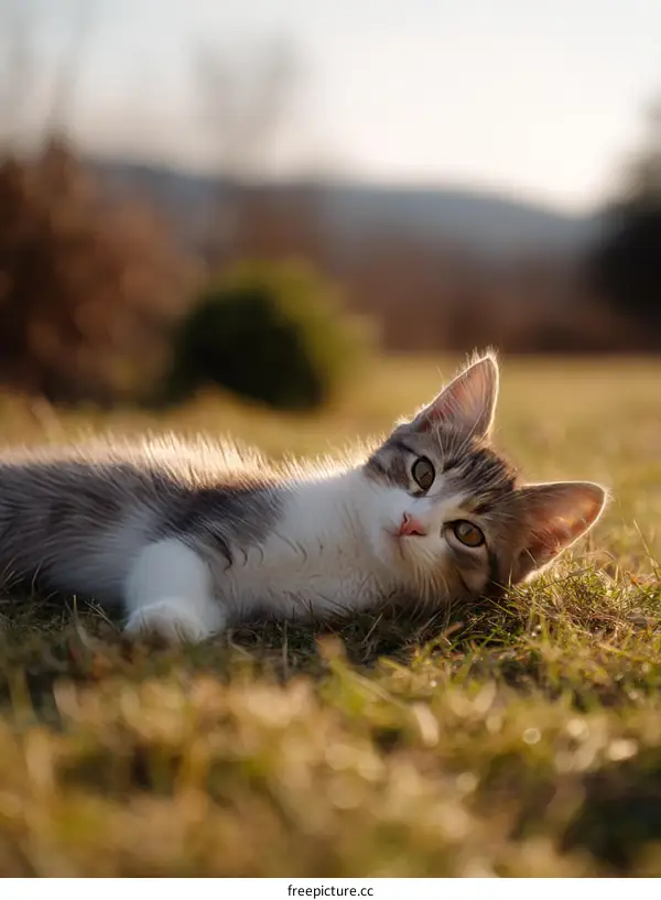 Cute Kitten Relaxing in Grassy Meadow