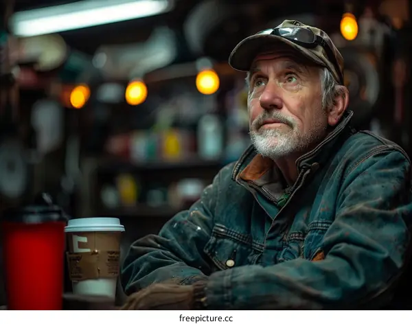 A pensive man wearing a cap looks off into the distance