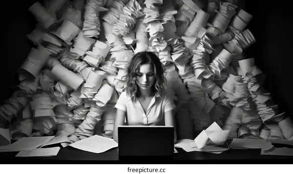 Young woman drowning in paperwork
