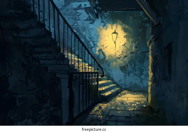 Dark Alleyway with Stairs and Glowing Streetlight