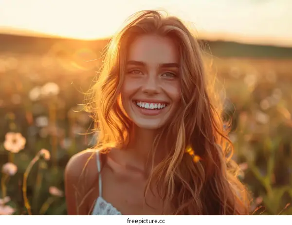Smiling Woman in a Field at Sunset