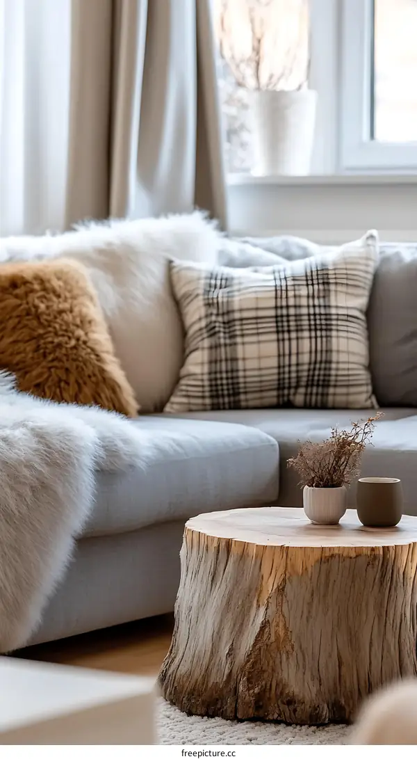 Cozy Living Room with Rustic Wooden Coffee Table