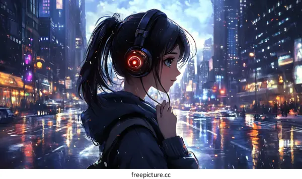 Rainy City Girl with Headphones