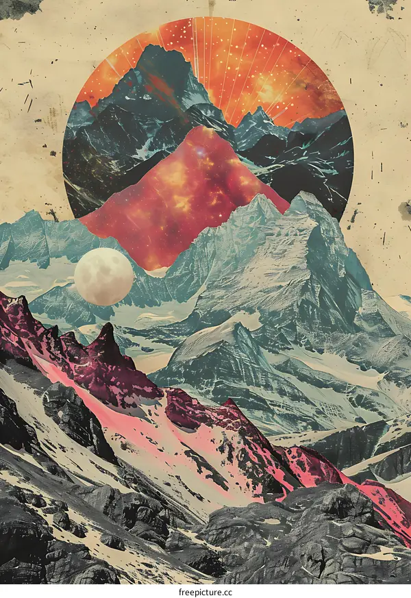 Collage of Mountain Ranges with a Galaxy