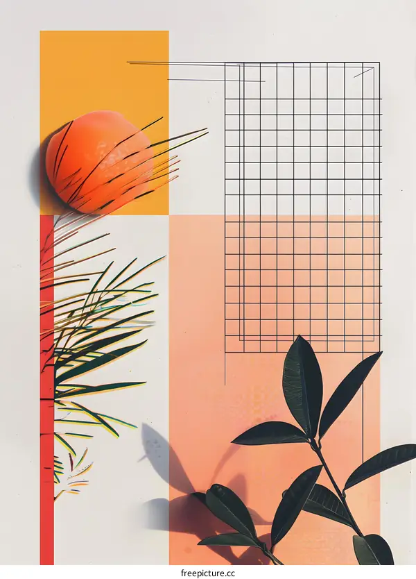 Abstract Collage with Geometric Grid, Leaves and Orange Circle