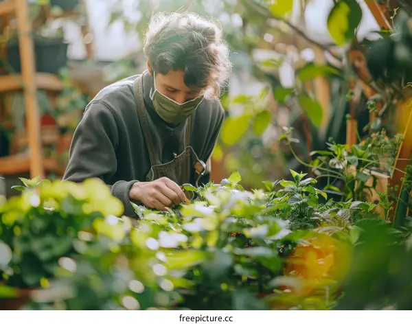 Young male gardener checking on his plants in a greenhouse