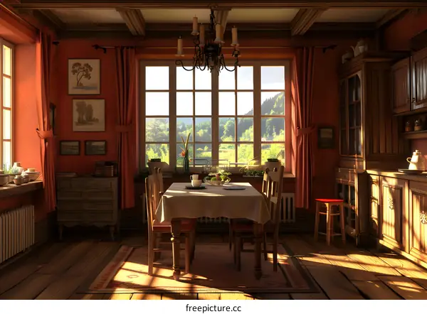 Rustic Kitchen Interior Design With Red Walls And Large Window