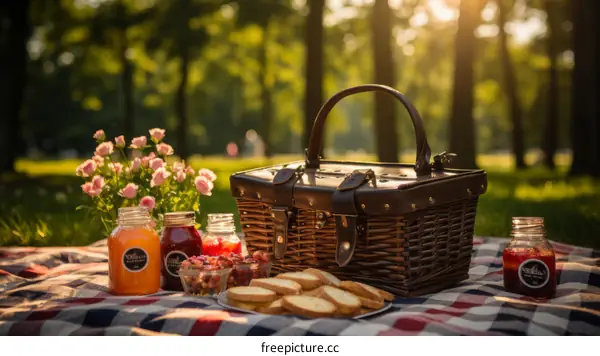 Rustic Picnic Scene with Food and Drink