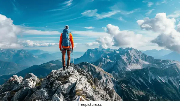 Man standing on a mountain peak looking at the view