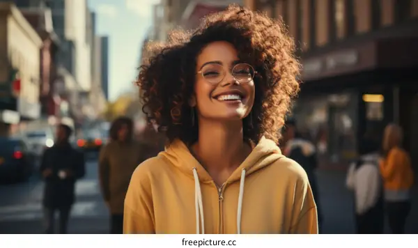 A young woman with curly hair smiles in front of a busy city street