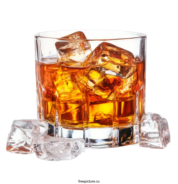 [Transparent Background PNG]Whiskey Glass with Ice Cubes Close-up