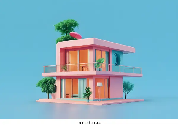 Pink Modern House Illustration With Balcony And Trees