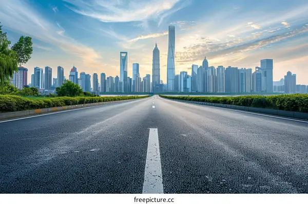 An empty asphalt road with a modern city skyline in the distance