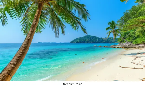 Coconut trees on a tropical beach with white sand and crystal clear water