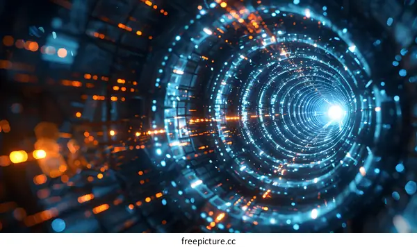 Blue and orange glowing technology tunnel