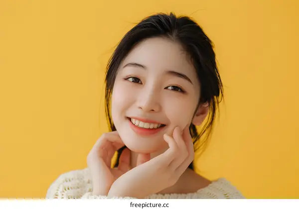Smiling Asian Woman with Long Black Hair Posing in Front of Yellow Background